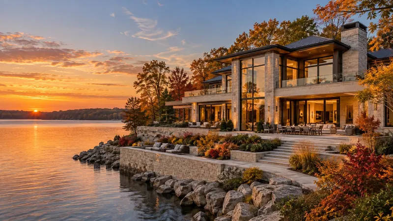 Limestone lakefront residence with expansive windows and terraces