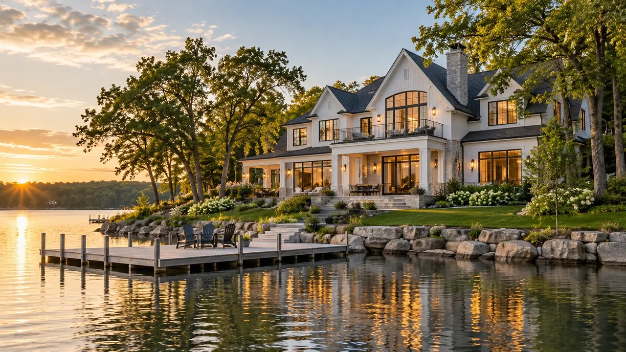 A lakeside residence at sunset