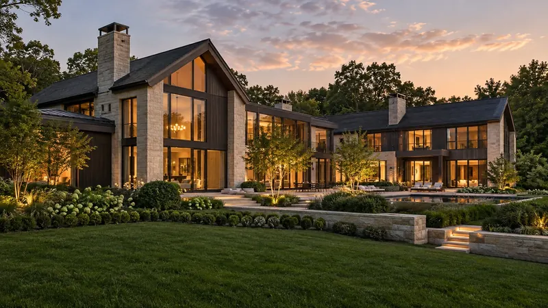Modern limestone and wood estate in landscaped greenery